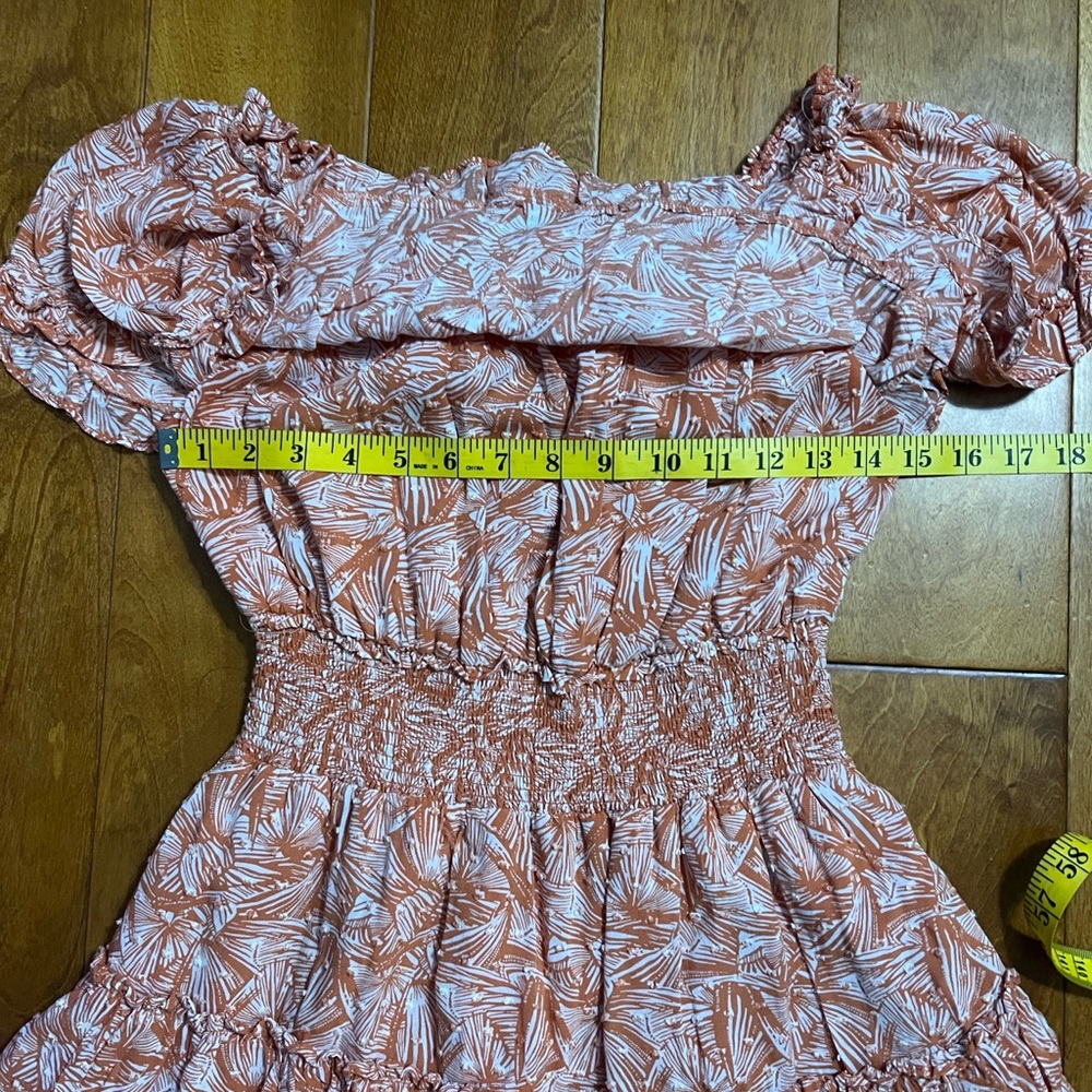 Forever 21 Off Shoulder Mini Dress Size Large Coral Floral Smocked Boho Beach - Picture 4 of 10